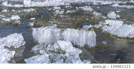 Ice blocks floating on water surface in a natural winter landscape 134061121