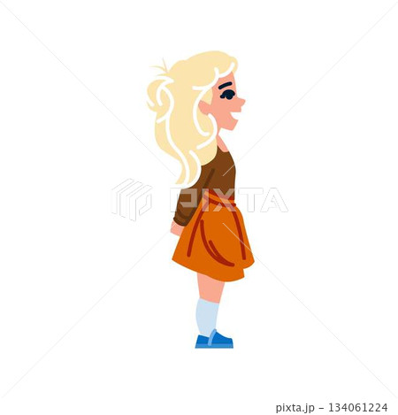 Smiling blonde schoolgirl standing in profile cartoon illustration 134061224