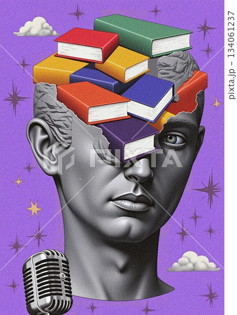 Collage of head silhouette of books, knowledge through reading, speaking wisdom - ai generated 134061237