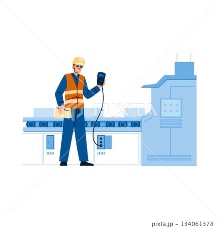 Factory worker operating machinery on conveyor belt system 134061378