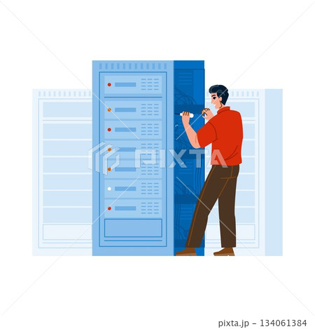 It technician doing network maintenance in server room 134061384