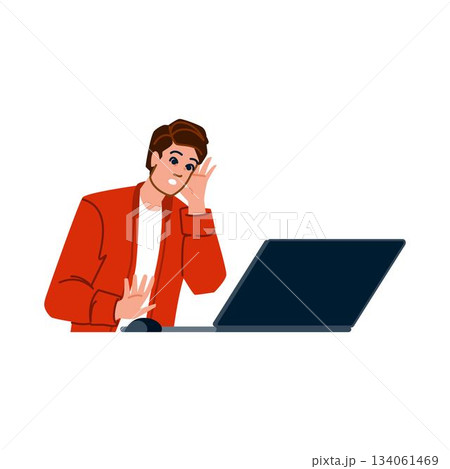 Man overhearing news on laptop showing curiosity Man overhearing news on laptop showing curiosity 134061469
