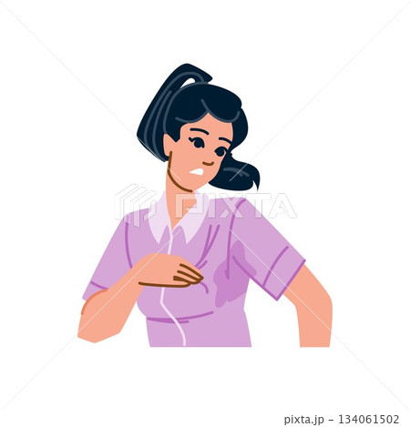 Woman experiencing excessive underarm sweat causing embarrassment Woman experiencing excessive underarm sweat causing embarrassment 134061502
