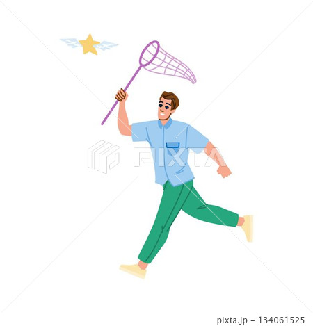 Man chasing flying star with net achieving dream 134061525