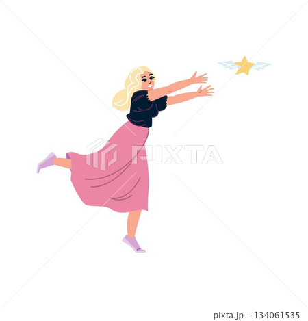 Woman chasing flying star reaching for goals and dreams Woman chasing flying star reaching for goals and dreams 134061535