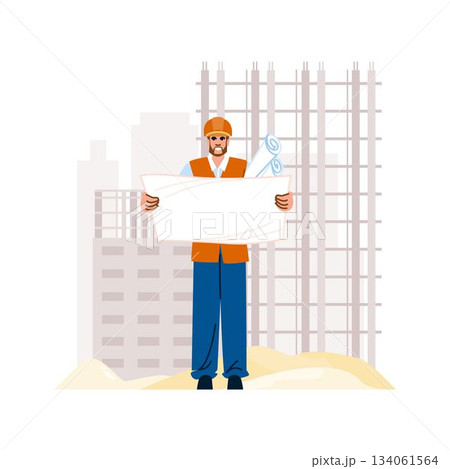 Engineer or architect standing on construction site holding blueprint 134061564