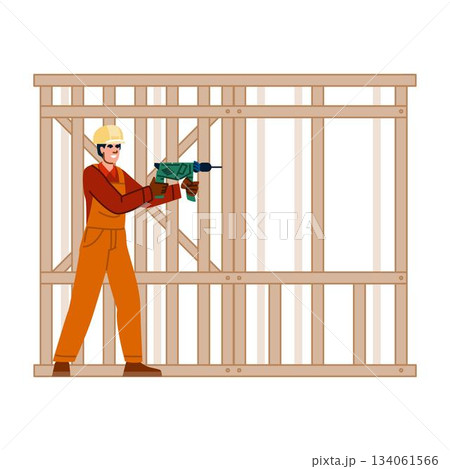 Construction worker building wood frame house using drill Construction worker building wood frame house using drill 134061566