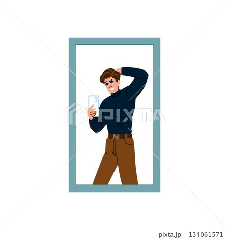 Young man taking selfie in mirror feeling confident Young man taking selfie in mirror feeling confident 134061571