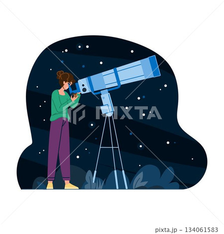 Woman observing night sky with astronomical telescope Woman observing night sky with astronomical telescope 134061583