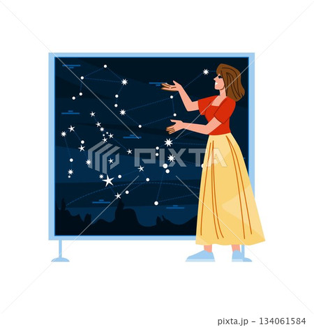 Woman teacher explaining astronomy constellations on presentation board Woman teacher explaining astronomy constellations on presentation board 134061584