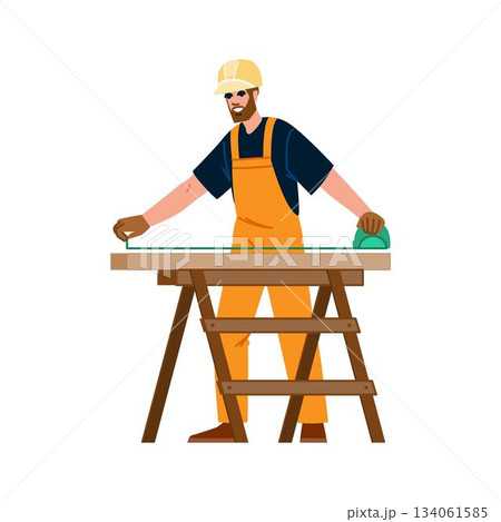 Carpenter man measuring wood plank on sawhorse Carpenter man measuring wood plank on sawhorse 134061585