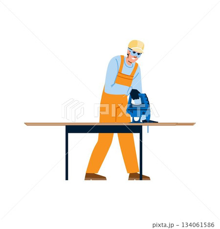 Carpenter worker cutting wooden board with electric jigsaw Carpenter worker cutting wooden board with electric jigsaw 134061586