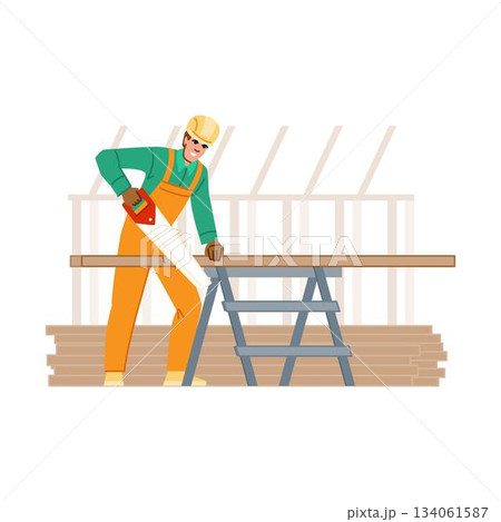 Construction worker sawing wood plank on sawhorses Construction worker sawing wood plank on sawhorses 134061587