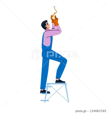 Electrician installing light bulb on stepladder 134061595