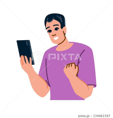 Young man celebrating success holding digital tablet Young man celebrating success holding digital tablet 134061597