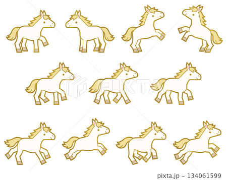 金縁つきの白馬のキャラクターイラストセット 134061599