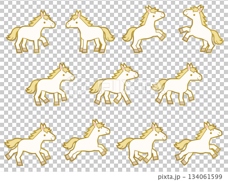金縁つきの白馬のキャラクターイラストセット 134061599