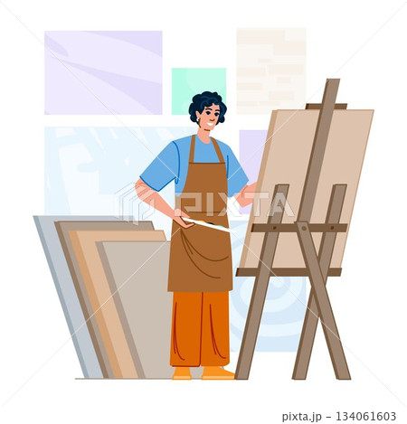 Artist creating painting on easel in studio Artist creating painting on easel in studio 134061603