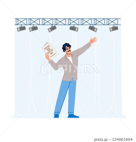 Man actor performing monologue on theater stage for audience Man actor performing monologue on theater stage for audience 134061604