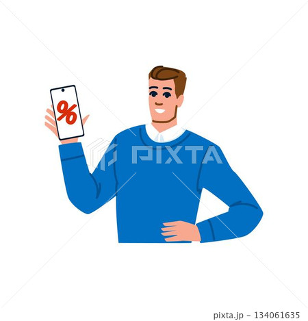 Smiling man showing smartphone screen with discount symbol 134061635