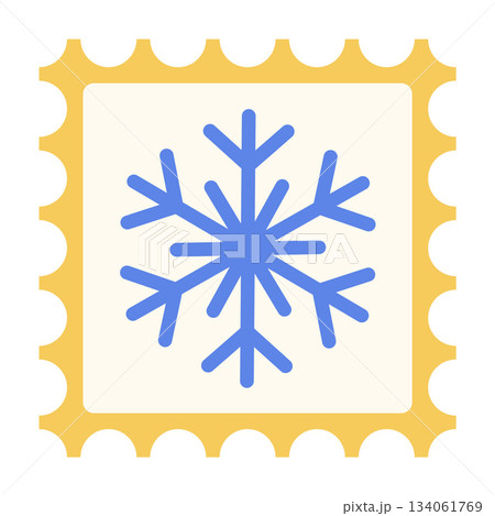 square postage stamp with blue stylized snowflake, yellow perforated border. Flat style 134061769