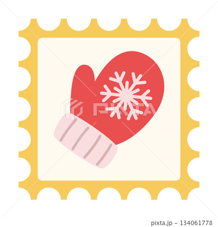 square postage stamp with red winter mitten with snowflake. Flat style 134061778