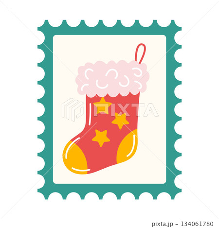 Christmas postage stamp with red Christmas stocking, fuzzy cuff, perforated border. Flat style  134061780