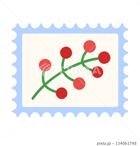 Christmas postage stamp with stylized green branch andred berries. Flat style 134061798