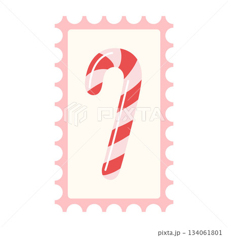 Christmas postage stamp with candy cane, pink perforated border. Flat style  134061801