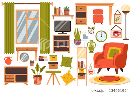 Set of living room furniture in a flat style, isolated on a background. Illustration includes an armchair, shelves, and decorative elements. Set of living room furniture in a flat style, isolated on a background. Illustration includes an armchair, shelves, and decorative elements. 134061994