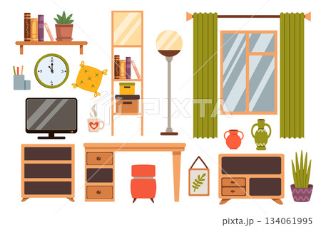 Set of living room furniture in a flat style, isolated on a background. Illustration includes a table, shelves, curtains, and decorative elements. Set of living room furniture in a flat style, isolated on a background. Illustration includes a table, shelves, curtains, and decorative elements. 134061995