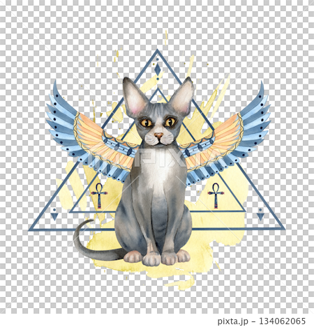 Sacred sphynx cat with wings, sacred animal of Egypt, line art pyramid, Ankh symbol. Sphinx protective talisman. Ancient religion symbol, icon. Watercolor isolated illustration. For textile, card Sacred sphynx cat with wings, sacred animal of Egypt, line art pyramid, Ankh symbol. Sphinx protective talisman. Ancient religion symbol, icon. Watercolor isolated illustration. For textile, card 134062065