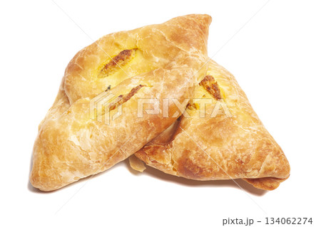 Pie with potato (pirozhki) isolated on white. Homemade baking Pie with potato (pirozhki) isolated on white. Homemade baking 134062274