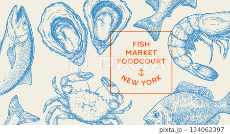 Card, seafood tag, label, symbol sketch. Vintage retro print, seafood sketch, sea life, ink pencil style drawing engrave old school sketch, hand drawn. Sketch artwork seafood. Vector Illustration 134062397