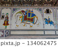 India, mural in a haveli depicting an elephant and warriors in Mandawa 134062475