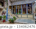 India, courtyard of a haveli with frescoes and blue columns in Mandawa 134062476