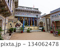 India, courtyard of a haveli with frescoes and blue columns in Mandawa 134062478