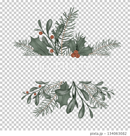 Watercolor Christmas or new year wreath with fir branches and place for text. Illustration for greeting cards with and invitations isolated on white background. Tree branches and red berry of ilex. 134063082