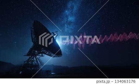 Cinematic depiction of radio waves emanating from a satellite dish under starry night sky 134063176