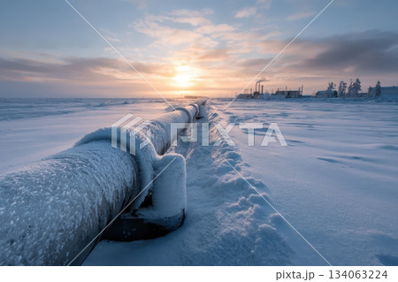 Frozen tundra stretches out, showcasing a pipeline amid a winter sunrise and distant industry Frozen tundra stretches out, showcasing a pipeline amid a winter sunrise and distant industry 134063224