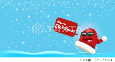 Vector cartoon monster Santa Claus red hat character with sunglasses and speech bubble isolated on blue Christmas background with snow and snowflakes. Merry Christmas greeting card, poster and banner Vector cartoon monster Santa Claus red hat character with sunglasses and speech bubble isolated on blue Christmas background with snow and snowflakes. Merry Christmas greeting card, poster and banner 134063294