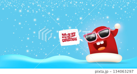 Vector cartoon monster Santa Claus red hat character with sunglasses and speech bubble isolated on blue Christmas background with snow and snowflakes. Merry Christmas greeting card, poster and banner 134063297