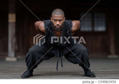 Martial artist performs a deep lunge in a traditional dojo during training session 134063450