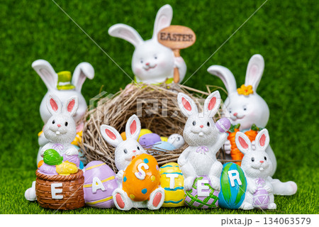 Easter decoration with bunnies and eggs. Easter decoration with bunnies and eggs. 134063579