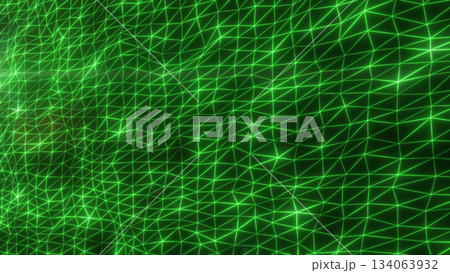 Abstract green neon triangular wireframe mesh network glowing softly against dark backdrop Abstract green neon triangular wireframe mesh network glowing softly against dark backdrop 134063932