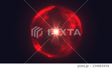 Intense red plasma sphere emitting radiant energy and glowing starburst light in dark space Intense red plasma sphere emitting radiant energy and glowing starburst light in dark space 134063939