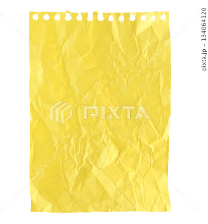 Crumpled yellow sheet of notepad paper, isolated on transparent background. Office blank paper concept 134064120