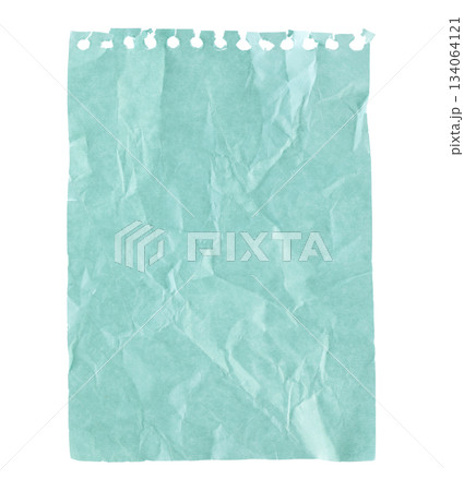Crumpled turquoise sheet of notepad paper, isolated on transparent background. Office blank paper concept 134064121