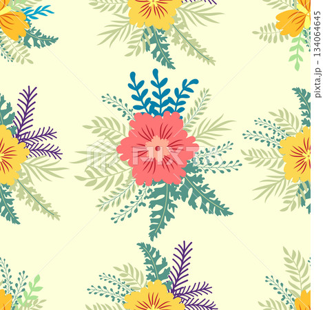 Floral ornament, detailed yellow flowers. Vintage background and old-fashioned floral texture. Repeating design for decor and fabric. Floral ornament, detailed yellow flowers. Vintage background and old-fashioned floral texture. Repeating design for decor and fabric. 134064645