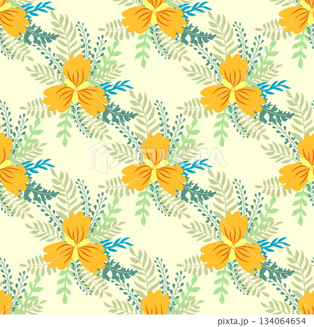 Floral ornament, detailed yellow flowers. Vintage background and old-fashioned floral texture. Repeating design for decor and fabric. 134064654